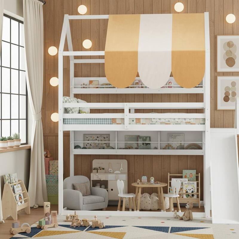 Full Size Loft Bed with Slide, Storage & Striped Canopy Roof by Harper&Bright Designs