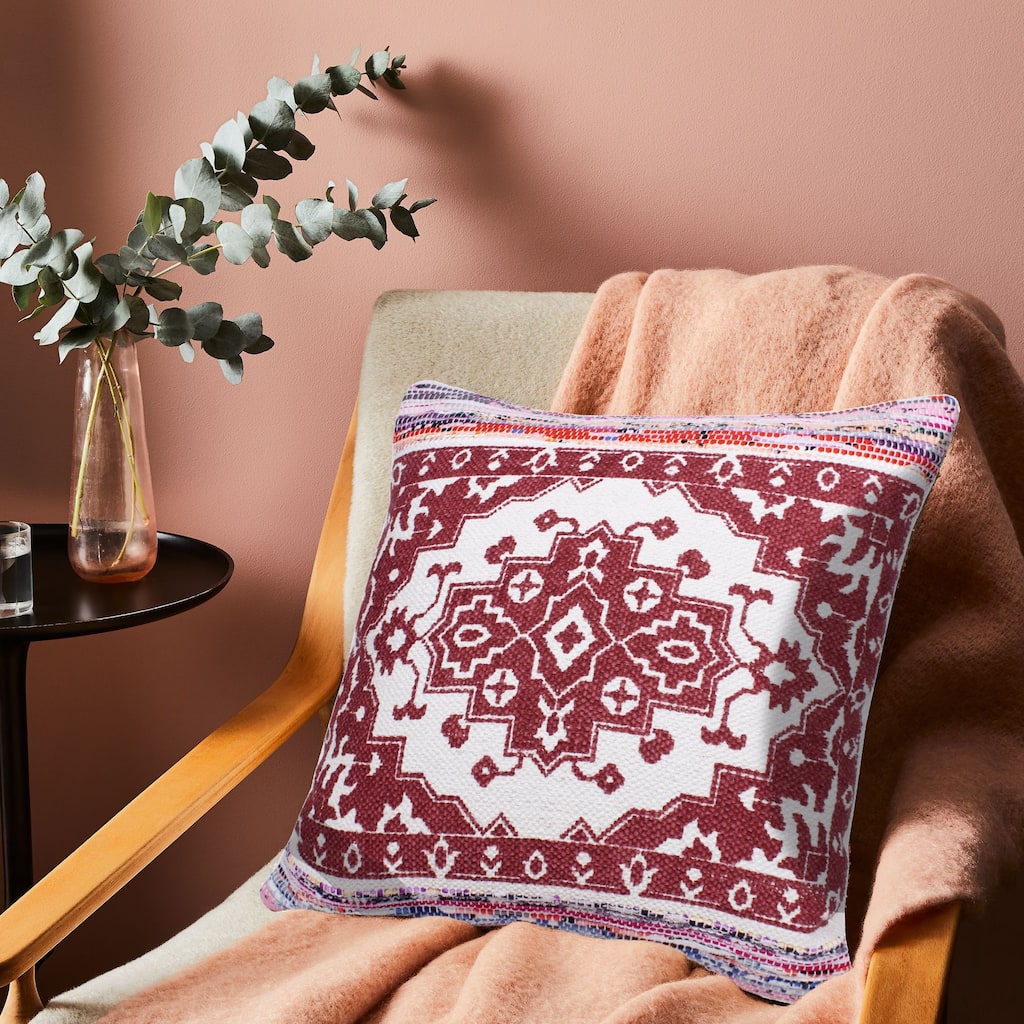 Meldi Bohemian Red/White Medallion Cotton Throw Pillow by Sevita