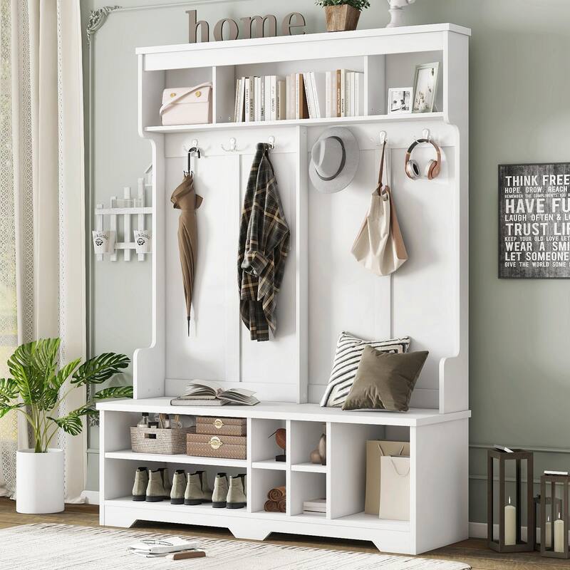 Modern Hallway Hall Tree with Metal Hooks and Storage - White