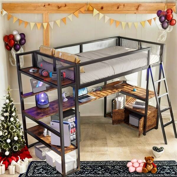 slide 2 of 32, Metal LED Loft Bed with Built-in Work Station,Multiple Storage,Twin Size Black