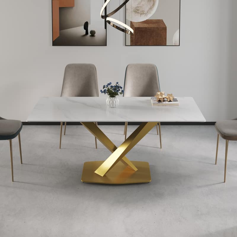 71" X-base Modern Rectagular White Marble Dining Table