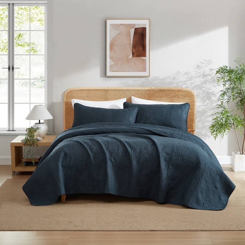 HLC.ME Benji - 3 Piece Size Quilt Set, Lightweight Bedspread Coverlet Set - Navy Blue - Queen
