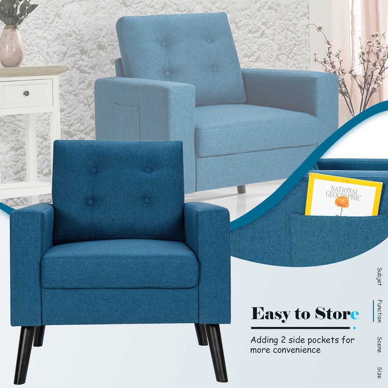 Modern Accent Armchair Upholstered Single Sofa Chair w/ 2-Side Pockets - See Details