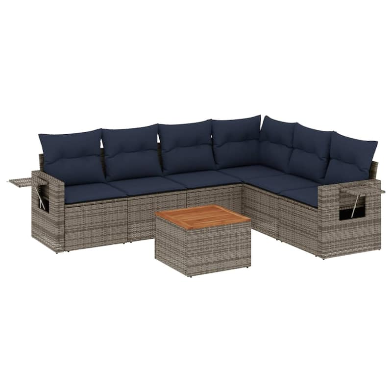 vidaXL 7 Piece Patio Sofa Set with Cushions Black Poly Rattan - 24.4" x 24.4" x 27.2"