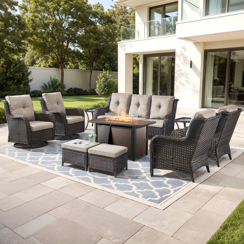 Gymojoy 10-Piece Outdoor Wicker Patio Set with Swivel Glider Chairs & 55,000 BTU Fire Pit Table for Garden, Backyard, Poolside