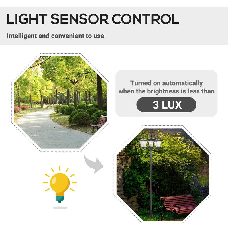Outdoor Solar Lamp Post, Triple-Head Street Light with Day Night Light Sensor