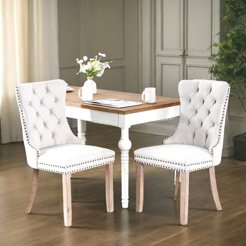 High-end Tufted Solid Wood Contemporary Flax Upholstered Dining Chair with Wood Legs Nailhead Trim 2-Pcs Set - Beige