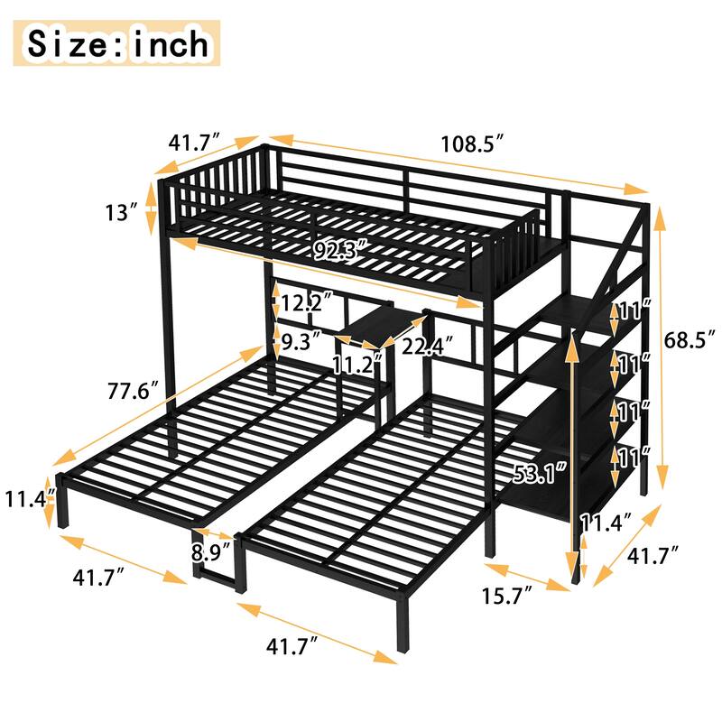 Roomfitters Twin XL over Twin & Twin Metal Triple Bunk Bed with Desk & Shelves, Space-Saving, Noise-Reduced Frame, Black