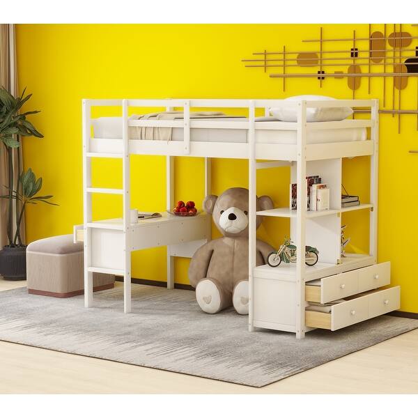 TwinSize Solid Wood Loft Bed With Builtin Desk And Four Shelves, Five