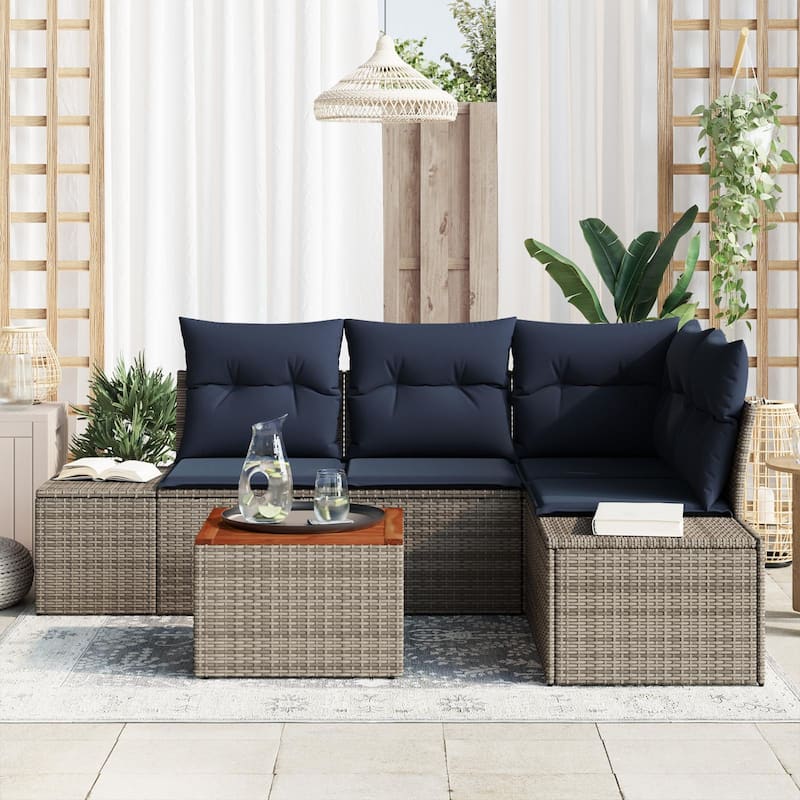 vidaXL 5 Garden Sofa Set with Cushions Black/Grey Poly Rattan - 82.3 x 60.6 x 27.2