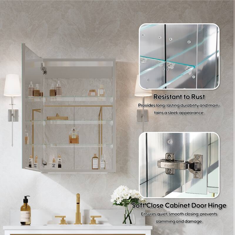 Recessed or Surface Wall Mount Bathroom Medicine Cabinet With Adjustable Glass Shelves