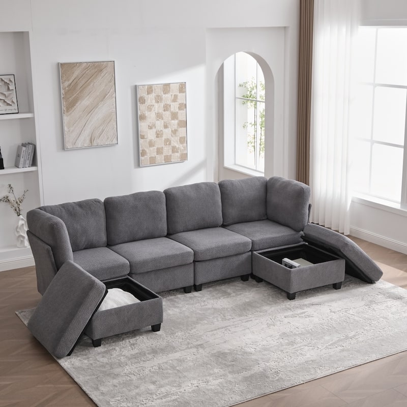Freely Combinable Convertible Modular Sectional Sofa with Storage Ottomans