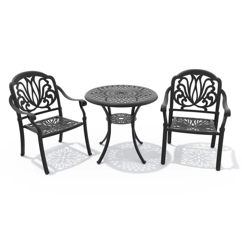 3-Pc Aluminum Patio Set , 2 x Armchairs with Brown Cushions with 1 With Umbrella Hole Table