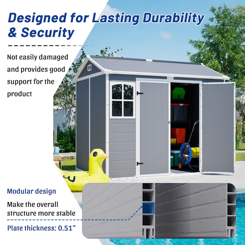GDFStudio - Large Plastic Utility Shed with Floor & Lockable Doors for Easy Access, Storage for Garden Tools & Trash Bins