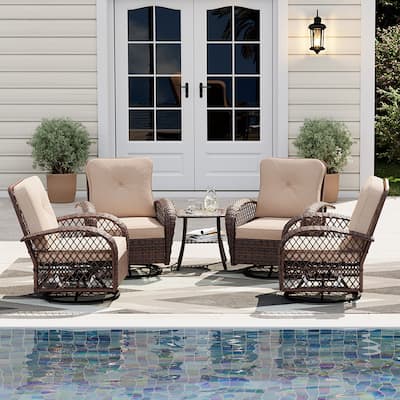 UPHA 5-Piece Patio Outdoor Wicker Swivel Rocking Chair Set with Side Table and Cushions