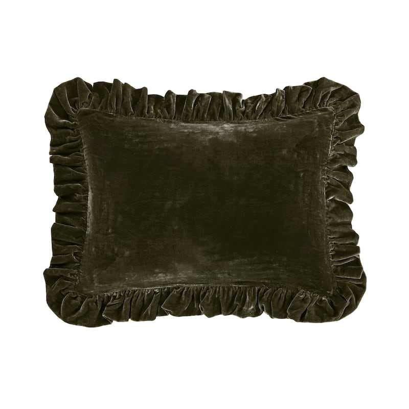 HiEnd Accents Stella Faux Silk Velvet Romantic Western Ruffled Oblong Pillow, 16"x21" - Fern Green