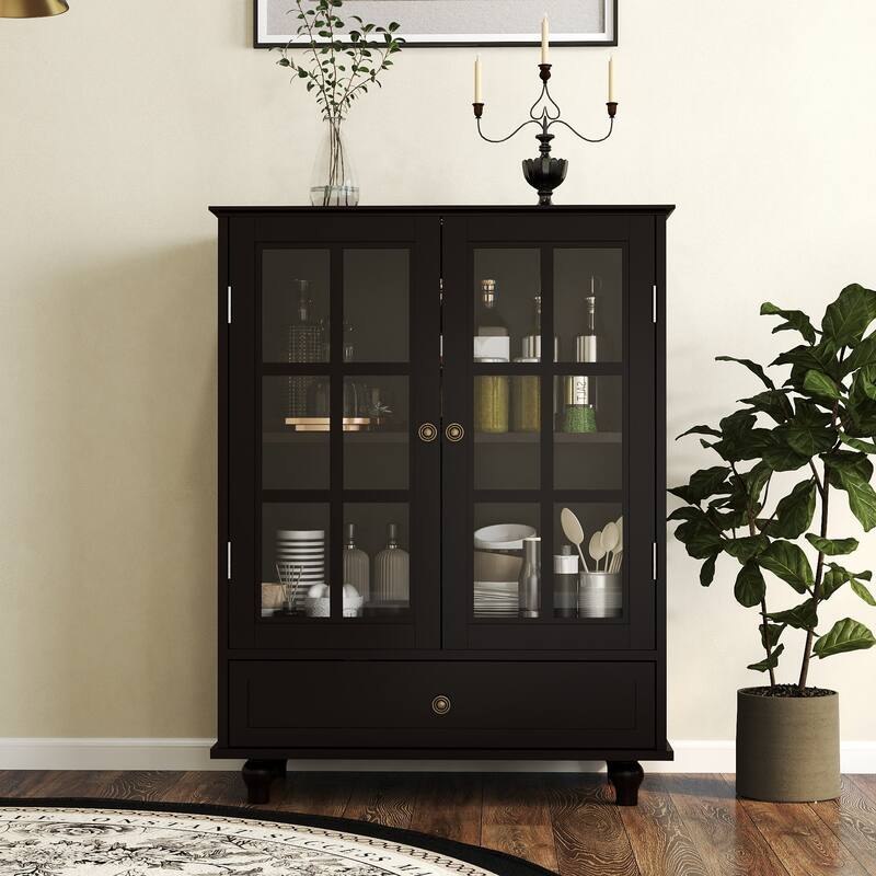 Buffet Cabinet with Double Glass Doors and Drawer, Modern Wooden Storage Sideboard Cupboard for Living room, Dining Room