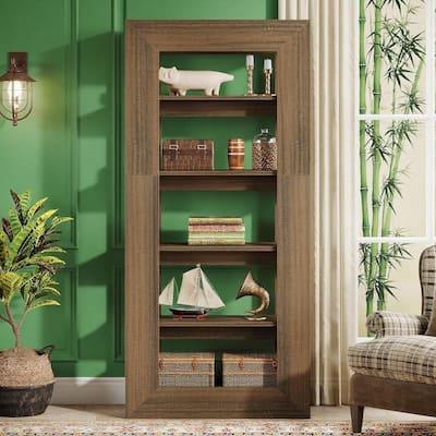 Dark Brown MDF 5 Tier Bookshelf with Rustic Farmhouse Design - 31.5" W x 11.8" D x 70.9" H
