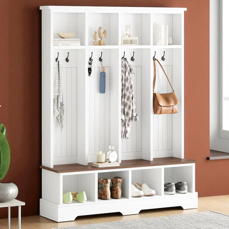 Farmhouse 59 in Hall Tree with 8 Hooks, Bench with Open Cubbies, 76.7 in H Entryway Coat & Shoe Organizer - White