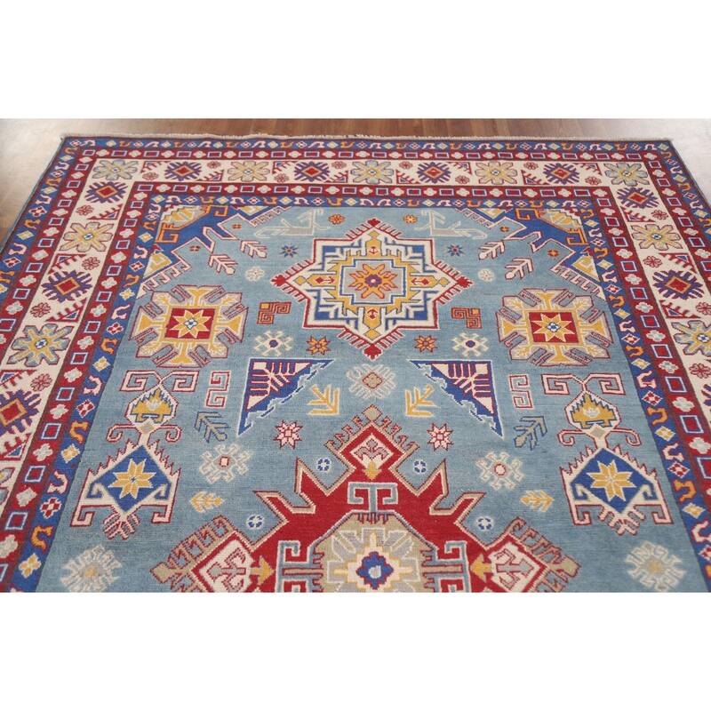 Hand Knotted Oriental 100% Wool Carpet Traditional Geometric Navy Blue & Blues Kazak Area Rug - 9' 8'' X 6' 7''