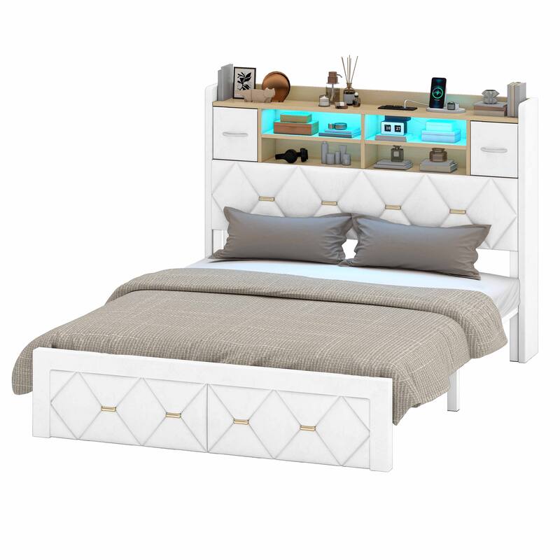 Moasis Upholstered Bed Frame with Storage Headboard And Charging Station and LED Light - White Velvet - Full