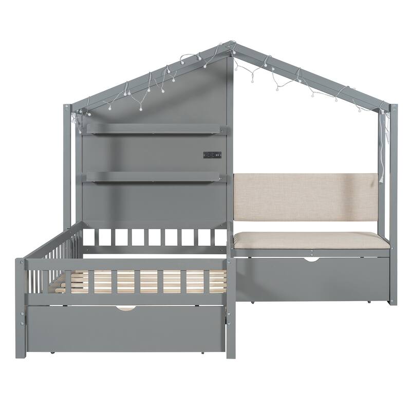 Twin Size House Bed with Upholstered Sofa, Charging Station, Wireless Charging, Shelves, and Drawers, Gray