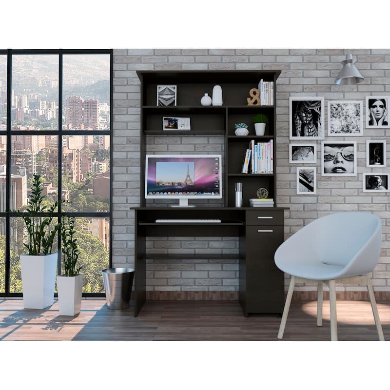 FM Furniture Weston Two Writing Computer Desk, Hutch, Single Drawer and Cabinet, Six Shelves - Black