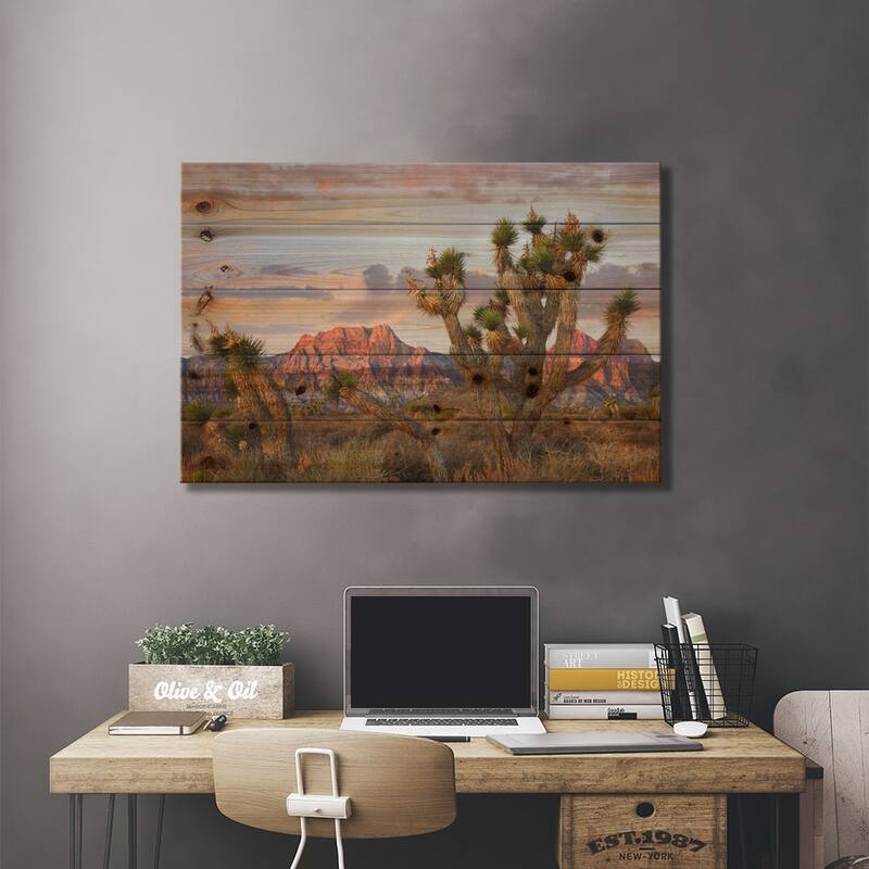 Joshua Tree And Spring Mountains At Red Rock Canyon National Conservation Area,Las Vegas,Nevada Print On Wood by Tim Fitzharris