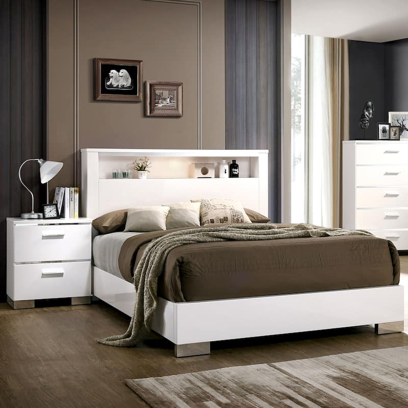 Champs Contemporary Queen Solid Wood Storage 3-Piece Panel Bed with USB Port Set by Furniture of America - White