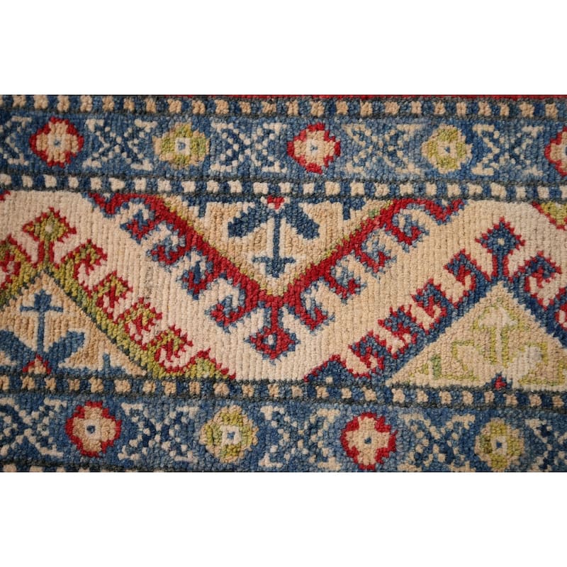 Geometric Kazak Accent Rug Hand-Knotted Red Wool Carpet - 3'3" x 4'9"