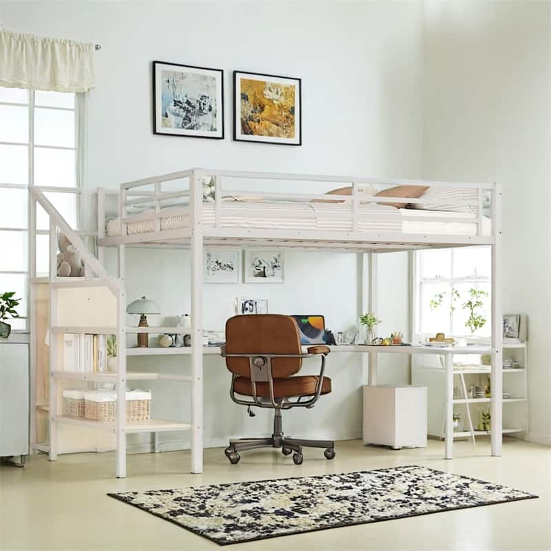 Queen Size Loft Bed with L-shaped Desk & USB,Metal Loft Bed w/Wardrobe