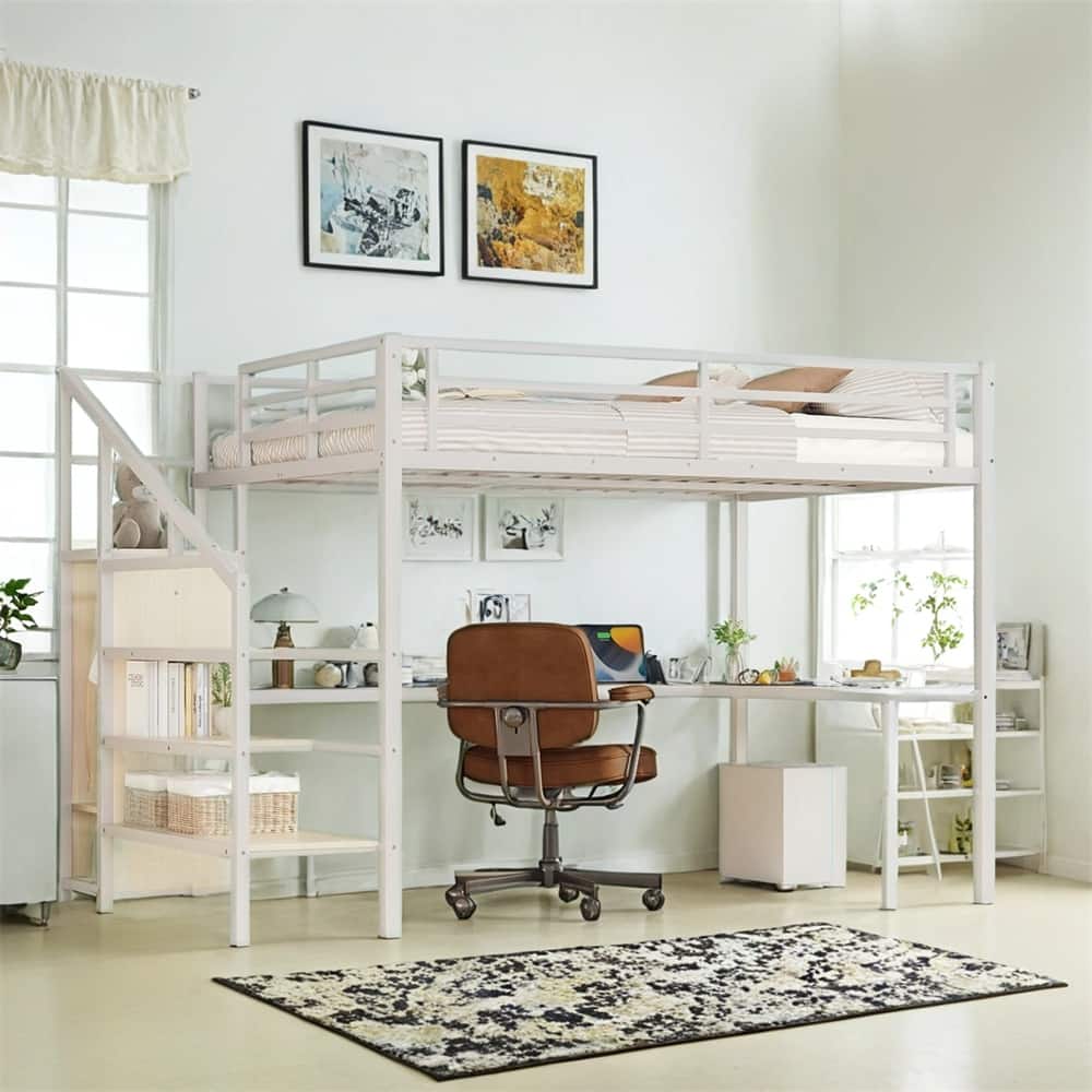 Queen Size Loft Bed with L-shaped Desk & USB,Metal Loft Bed w/Wardrobe