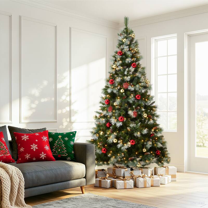 EROMMY 7.5ft Pre-lit Christmas Tree with 500 Lights, Snow-Flocked Artificial Tree with Pine Cones and Ornaments