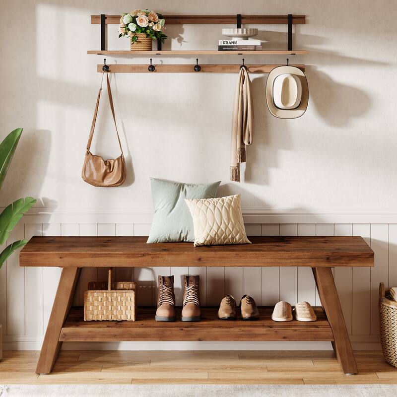 2 Tier Shoe Rack Bench for Entryway, Bedroom, Living Room, Solid Wood Bench Indoor with Storage Shelves