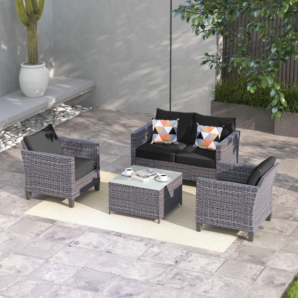 OVIOS 4-piece Loveseat Patio Furniture Outdoor Wicker Set With Glass-Top Table