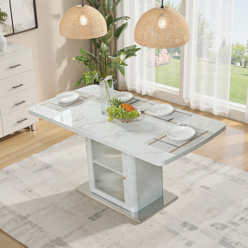 47-63" Modern Extendable Dining Table with Marble Top, Storage Leg & Metal Base - White