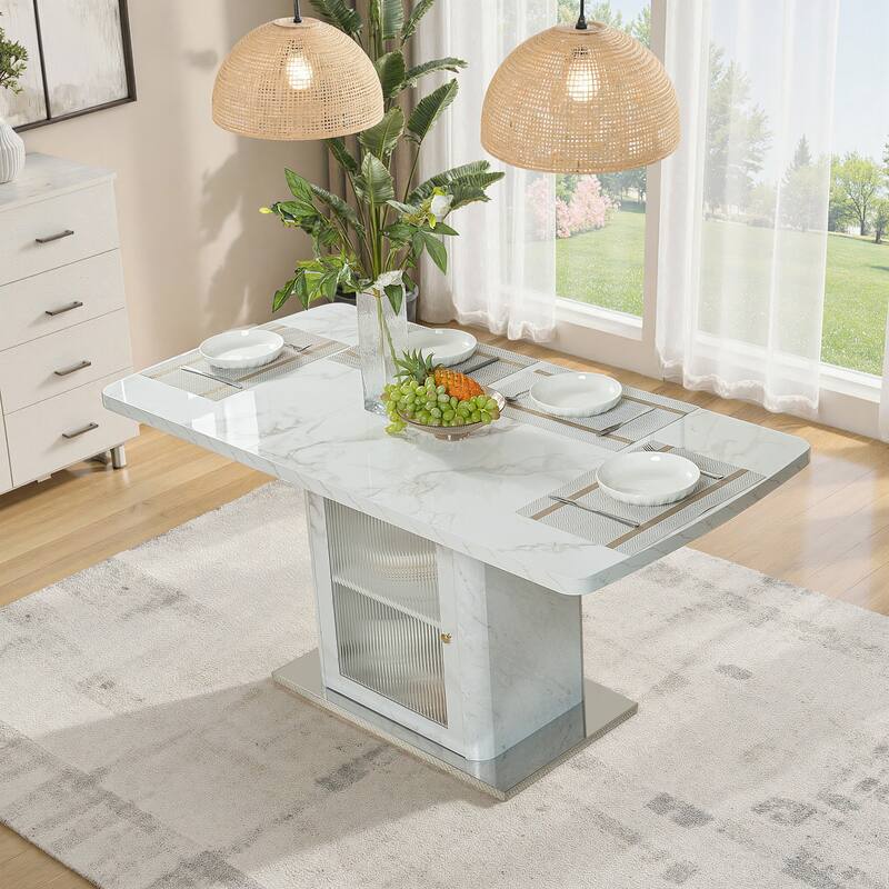 47.24"-63"Modern Rectangle Dining Table, Stretchable, with Printed Black Marble Table Top+Storage Cabinet Table Leg