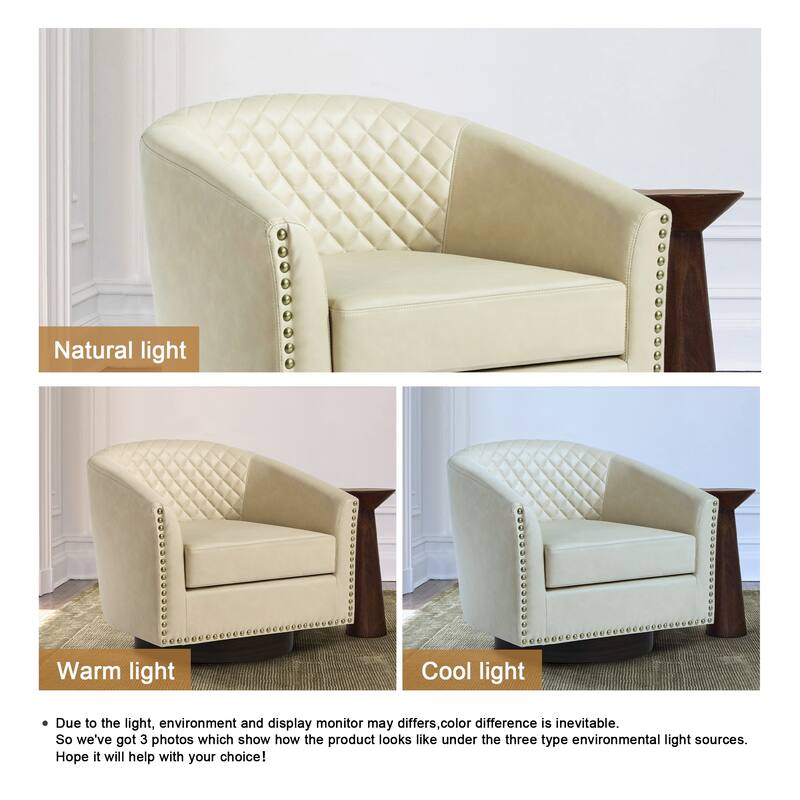 Tufted PU Vegan Leather Swivel Barrel Chair with Nailheads Trim