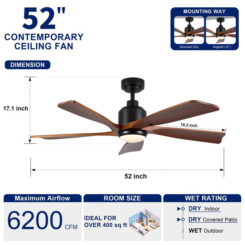 YUHAO SylvanAir Modern 52 in. Flush Mount Outdoor/Indoor Ceiling Fan with 3 Solid Wood Blades and DC Reversible Motor