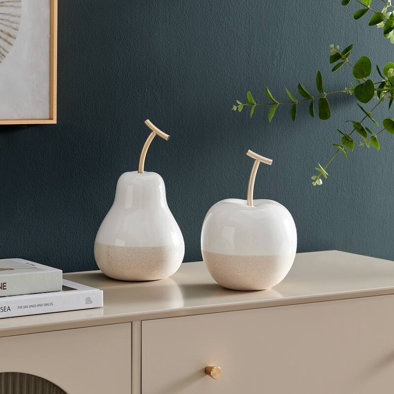 Small Dipped Fruits Ceramic Figurines - 7.5" - White and Beige - Set of 2