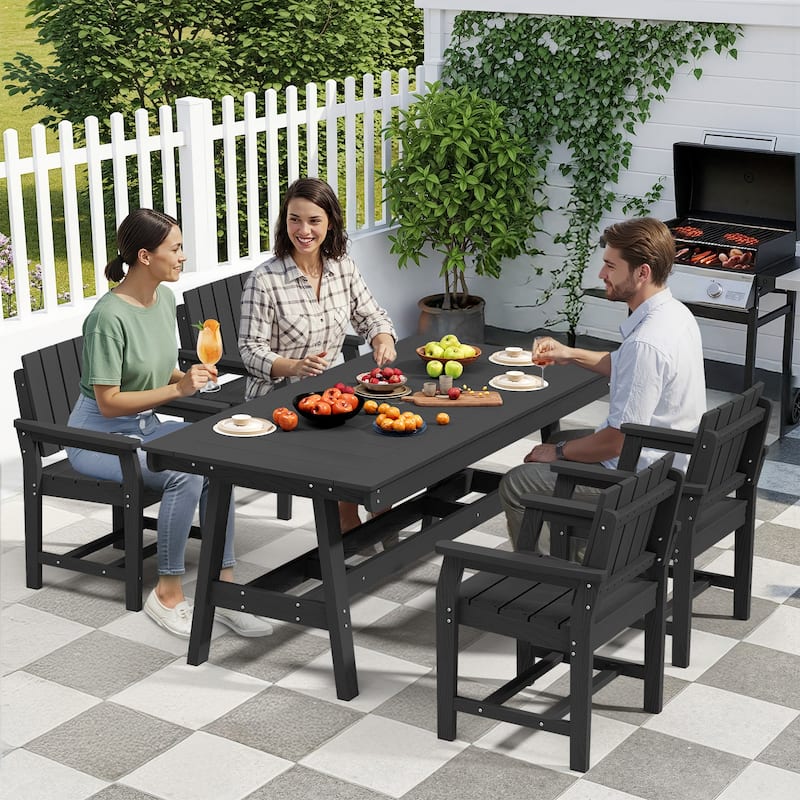 HDPE Patio Dining Set with Rectangular 67.91in W Table with Umbrella Hole and 4 Chairs - N/A