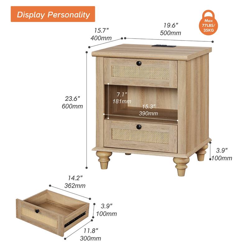 Farmhouse Nightstand Bedside Table, Wood 2-Drawer Side Table