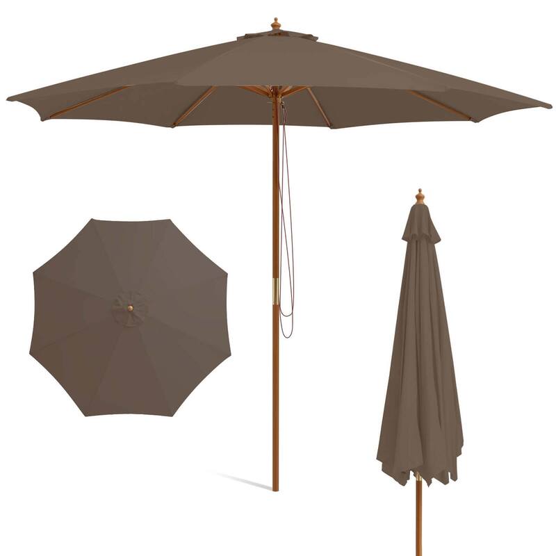 Gymax 10FT Wooden Market Table Umbrella Pulley Sunshade Canopy w/8