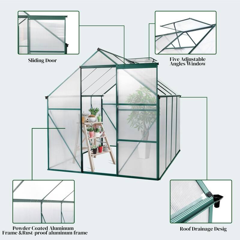 8x6 FT Walk-in Greenhouse With Sliding Door and Vent Window Grey Frame