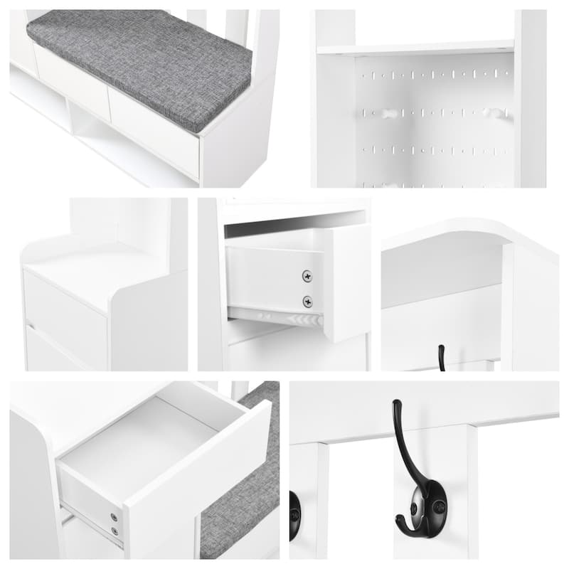 Entryway Coat Rack with Cushioned Storage Bench,4 Hooks and Pegboard