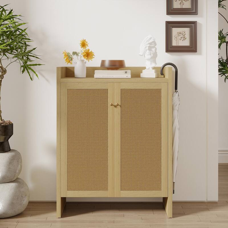 Anmytek Walnut Rattan Shoe Cabinet with Doors and 6 Tier Adjustable Shelves Wooden Entryway Shoe Organizer
