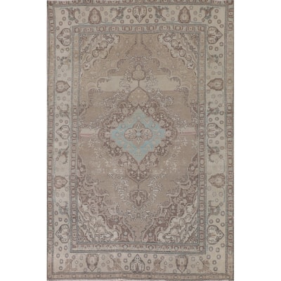 Distressed Beige Tabriz Persian Vintage Rug Handmade Wool Carpet - 6'5"x 9'7"