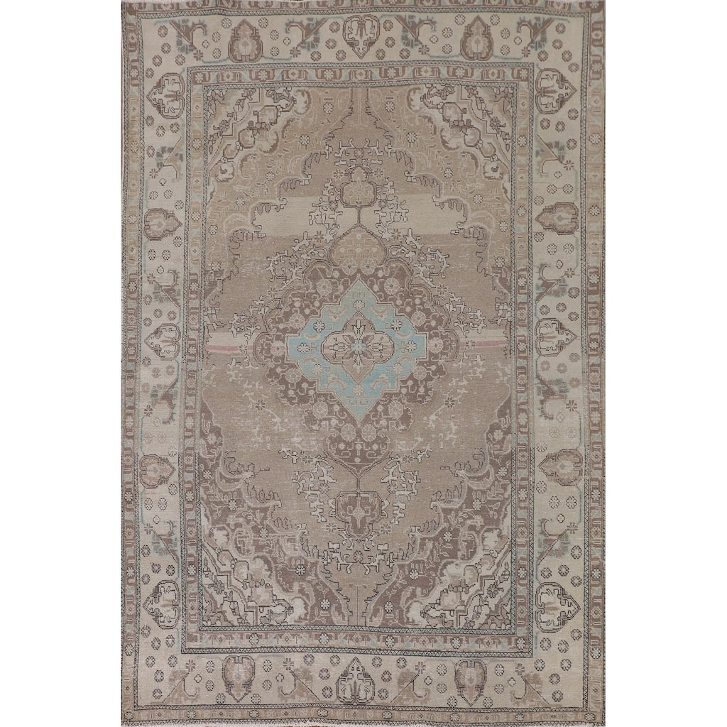Distressed Beige Tabriz Persian Vintage Rug Handmade Wool Carpet - 6'5"x 9'7"