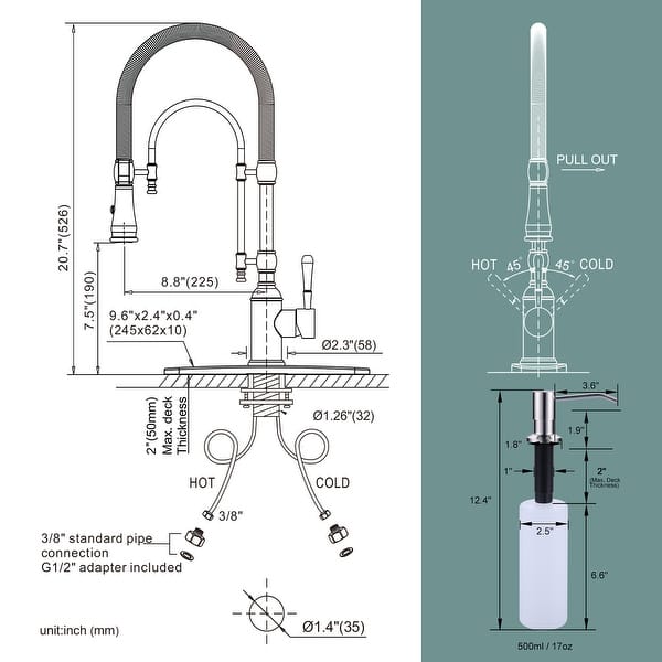 dimension image slide 8 of 12, WOWOW Single Handle Gooseneck Pull Down Sprayer Kitchen Faucet