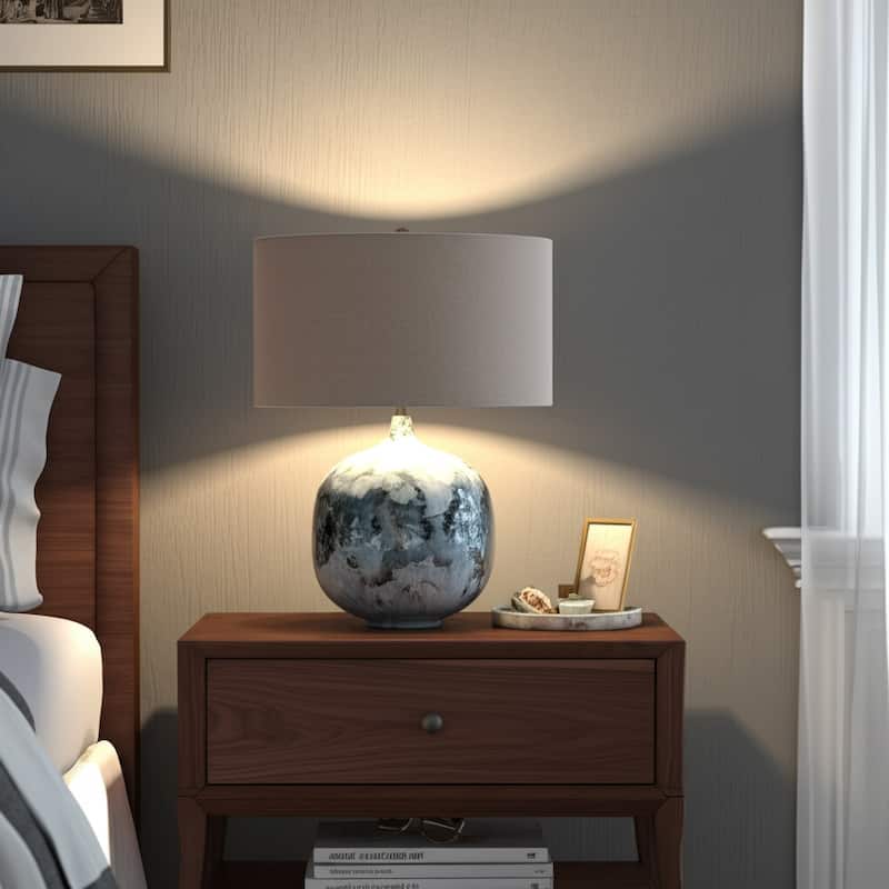 Metal Table Lamp Rounded Base Drum Shade Glam Modern Accent Lighting - Blue - 21.5" x 21.5" x 27.5"